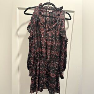 Parker Black Silk Dress with Red and White Floral Print